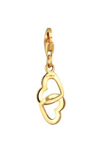 Charm in Goldfarbe mit zwei miteinander verbundenen Herzen, hochglanzpolierte Oberfläche, glatte Textur und einem Verschluss zur Befestigung. 925er Silbermarkierung sichtbar.