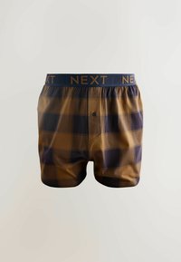 Bokserki w brązowo-granatową kratę, z elastycznym pasem z logo "NEXT" i zapięciem na guzik z przodu.
