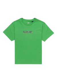 Groene katoenen t-shirt met een ronde hals en korte mouwen. Bevat een meerkleurig grafisch tekstontwerp over de borst.