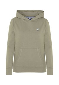 Olive green hoodie made from soft fabric, featuring a front kangaroo pocket, long sleeves, and a drawstring hood. Small logo on chest.