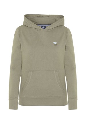 Olivgrüner Hoodie aus weichem Stoff, mit einer frontalen Kängurutasche, langen Ärmeln und einer Kapuze mit Zugband. Kleines Logo auf der Brust.
