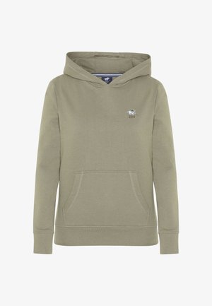 Olivgrüner Hoodie aus weichem Stoff, mit einer frontalen Kängurutasche, langen Ärmeln und einer Kapuze mit Zugband. Kleines Logo auf der Brust.