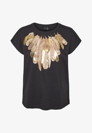 Black short-sleeve t-shirt featuring a feather design with gold and beige accents across the chest. Lightweight cotton material.