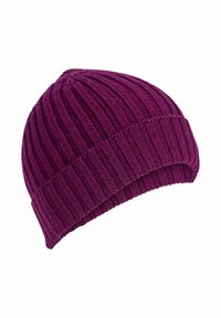 Berretto a maglia viola con texture a coste e bordo ripiegato. Realizzato in materiale morbido, presenta strisce verticali su tutta la sua superficie.