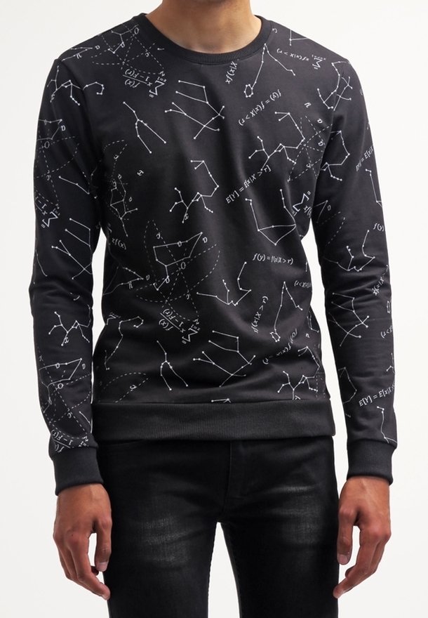 Black sweatshirt with a round neckline, featuring white constellation and mathematical pattern. Ribbed cuffs and hem add texture.