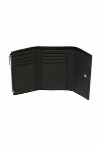 Czarny skórzany portfel z wieloma miejscami na karty, zamykanym na suwak przegródkiem oraz zapięciem na zatrzask. Gładka tekstura i minimalistyczny design.