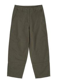 Pantalons en mélange de coton vert olive, avec une coupe décontractée, dotés de poches avant, d'une fermeture à un bouton et d'un détail cousu à l'ourlet.