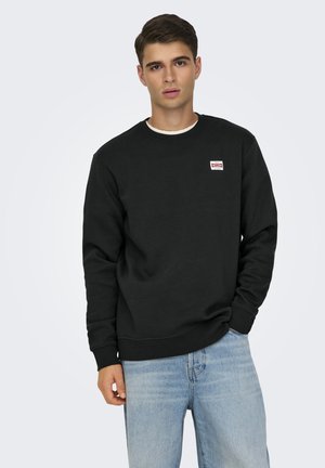 Svart sweatshirt med rund halsringning, långa ärmar och ett litet rödvitt logomärke på vänster bröst. Avslappnad passform.