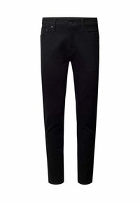 Pantalones de mezclilla negros con un ajuste slim, cinco bolsillos, cierre de botones y trabillas para cinturón. Textura suave con detalles de costura sutiles.