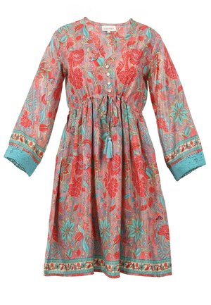 Bunt gemustertes knielanges Kleid mit floralem Muster, V-Ausschnitt, langen Ärmeln mit türkisfarbenen Spitze-Akzenten und Knopfdetails an der Vorderseite.