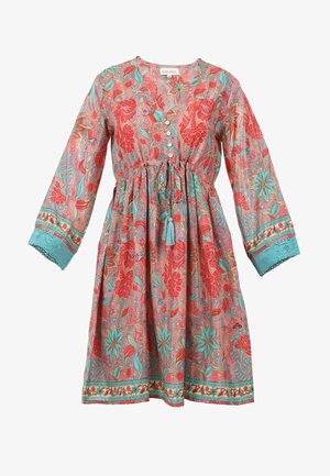 Daugiakampė kelio ilgio suknelė su gėlių raštu, V formos iškirpte, ilgomis rankovėmis su turkio spalvos nėrinių akcentais ir mygtukų detalėmis priekyje.