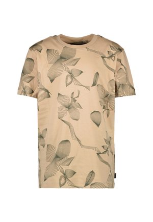 Beige katoenen t-shirt met groene bloemenlijntekening. Heeft een klassieke ronde hals en korte mouwen. Zacht, lichtgewicht stof.