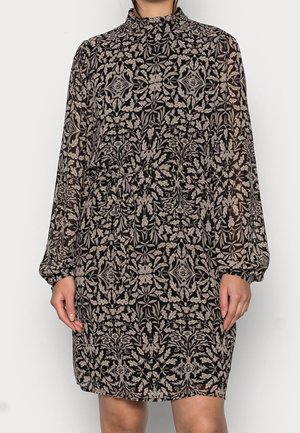Robe noire à motifs floraux avec des manches longues et un col montant. Fabriquée en tissu transparent, elle présente une taille cintrée et une coupe décontractée.