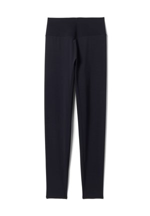 Leggings negros hasta los pies con una cinturilla elástica ancha, mostrados planos sobre un fondo blanco.
