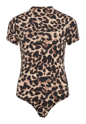Leopardprint bodysuit i beige og sort, med korte ærmer, høj hals og glat stof med en tætsiddende silhuet.