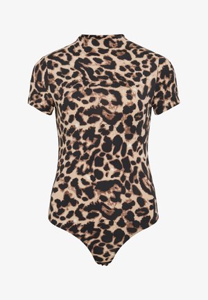 Leopardenmuster-Body in Beige und Schwarz, mit kurzen Ärmeln, hohem Ausschnitt und glattem Stoff sowie figurbetonter Silhouette.