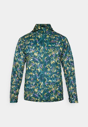Lightweight, zip-front jacket in teal with a bold, abstract pattern featuring purple and yellow accents. Designed for outdoor wear.