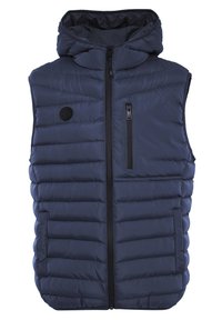 Marineblauer gepolsterter Weste mit Kapuze, ausgestattet mit einem Vorderreißverschluss, einer Reißverschlusstasche auf der Brust und einem Logopatch. Weiche Textur, gesteppter Stil und ärmellos.