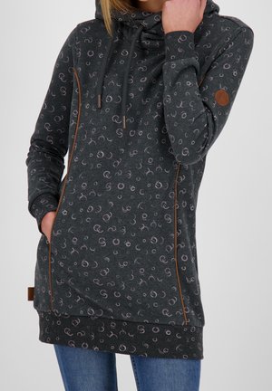 Hoodie gris foncé avec des motifs circulaires en rose clair, comportant une capuche avec cordon de serrage, des poches avant et des accents marron contrastants.