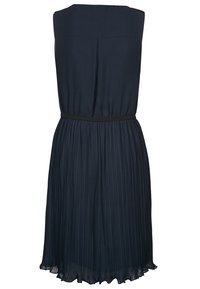 Abito a pieghe navy con design senza maniche, vita aderente e gonna fluida. Realizzato in tessuto leggero con una texture liscia.