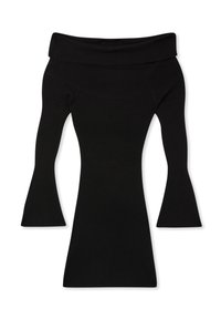 Abito nero a spalle scoperte in maglia a costine con maniche lunghe e svasate. Presenta una silhouette aderente, una lunghezza fino alla vita e una texture morbida.