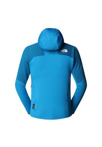Giacca con cappuccio di un brillante blu, realizzata in un tessuto texturizzato. Presenta un logo sulla schiena, una forma aderente e un design con pannelli a contrasto sulle spalle.