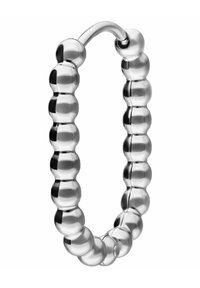 Silberner Metallring mit einer Reihe von runden Perlen, glatte Oberfläche, mit einem kleinen Scharnier zum Öffnen und Schließen, zylindrische Form.