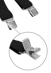 Schwarze elastische Hosenträger weisen eine gewebte Textur mit silbernen Metallclips auf. Der detaillierte Verschlussmechanismus ist sichtbar und zeigt das funktionale Hardware-Design.