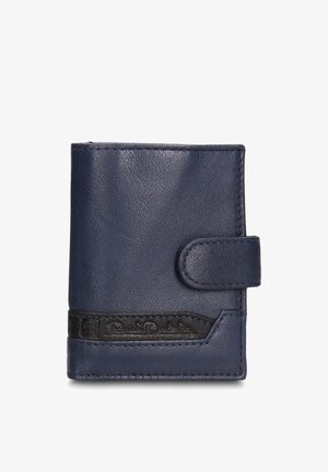 Marineblauwe leren portemonnee met een zwarte, getextureerde accentband, rechthoekige vorm en een klep aan de voorkant als sluiting. Gestikte randen voor duurzaamheid.