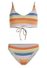 Gestreepte bikini set met een knooptop en bijpassende onderkant. Kleuren zijn groen, oranje, blauw en geel met een glinsterende textuur.