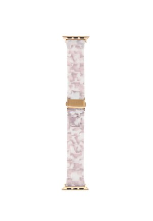 Correa de reloj con eslabones marmoleados en rosa y blanco y cierres dorados diseñada para un reloj inteligente.