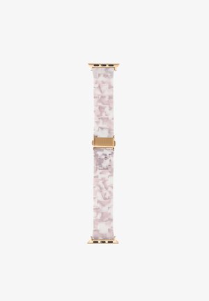 Horlogebandje met roze en witte gemarmerde schakels en goudkleurige gespen, ontworpen voor een smartwatch.
