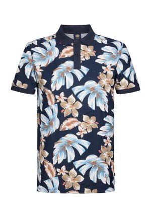 Polo de color navy hecho de algodón, con un patrón floral de hojas azules y flores beiges, mangas cortas y un collar clásico.