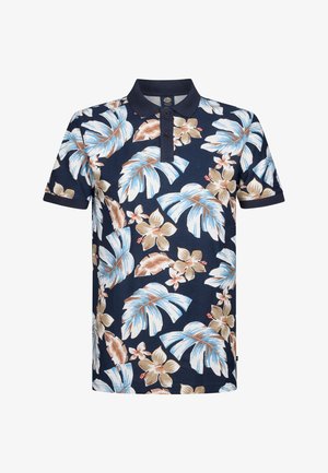Marineblaues Poloshirt aus Baumwolle, mit einem floralen Muster aus blauen Blättern und beigen Blumen, kurzen Ärmeln und einem klassischen Kragen.