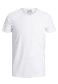White cotton t-shirt with a round neckline and short sleeves. Features a plain design with no patterns or graphics, and a tag inside.