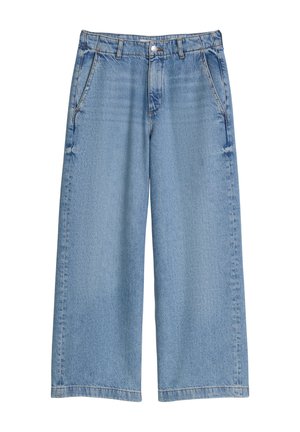 Lichtblauwe wijde spijkerbroek met steekzakken aan de voorkant, riemlussen, knoopsluiting en zichtbare naden.