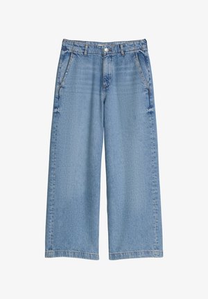 Lichtblauwe wijde spijkerbroek met steekzakken aan de voorkant, riemlussen, knoopsluiting en zichtbare naden.