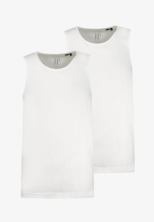 Białe bezrękawniki z bawełny. Posiadają okrągły dekolt, prosty krój oraz subtelną logo na klatce piersiowej. Zestaw dwóch sztuk.
