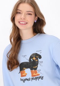 Világoskék pulóver, amelyen egy grafikus illusztráció látható egy fekete és barna tacskóról, amely narancssárga csizmát visel, jellemzőkkel ellátva.