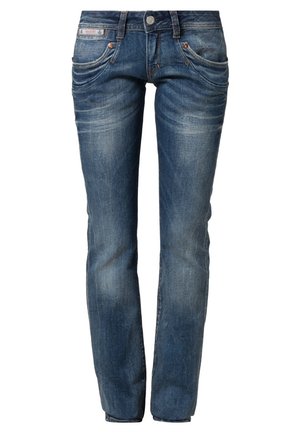 Niebieskie jeansy z denimu z efektem wyblakłym, znoszonym, z pięcioma kieszeniami, metalowym guzikiem i zamkiem błyskawicznym, o prostym kroju nogawki.