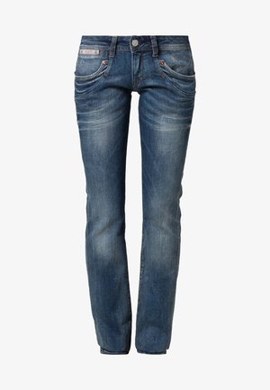 Niebieskie jeansy z denimu z efektem wyblakłym, znoszonym, z pięcioma kieszeniami, metalowym guzikiem i zamkiem błyskawicznym, o prostym kroju nogawki.