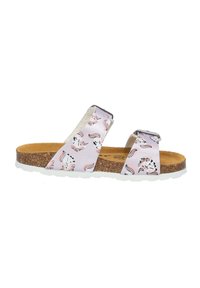 Roze sandalen met bloemenpatronen, twee brede banden, een kurken voetbed en een witte rubberen zool. Flatte ontwerp, casual stijl.