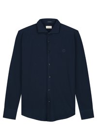 Navyblaues Langarm-Hemd aus weichem Baumwollstoff mit klassischem Kragen, durchgehender Knopfleiste und dezentem Logostick auf der Brust.