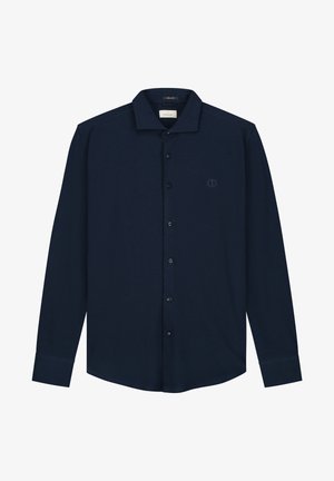 Chemise à manches longues bleu marine, boutonnée, en coton doux, avec un col classique, une patte de boutonnage sur le devant et un logo brodé subtil sur la poitrine.