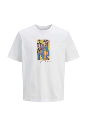 Camiseta blanca de algodón con un estampado gráfico colorido de músicos con instrumentos. Manga corta y un diseño clásico de cuello redondo.