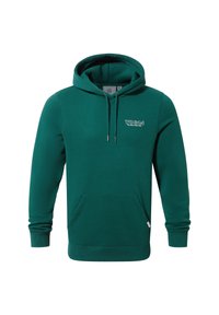 Green cotton hoodie featuring a front pocket, drawstring hood, and printed logo on the chest. Smooth texture with ribbed cuffs and hem.