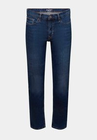 Jean en denim bleu foncé avec cinq poches, une fermeture à bouton et une coupe droite. Texture lisse avec coutures visibles.