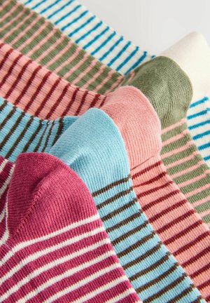 Striped socks in pink, blue, green, and white. Smooth knit texture with contrasting thin and thick stripes. Varied color patterns across pairs.