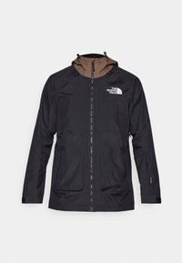 Chaqueta negra impermeable con capucha marrón, cremallera frontal, dos grandes bolsillos y el logo de The North Face en el lado izquierdo del pecho. Tela ligera.