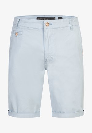 Pantaloni corti in cotone azzurro chiaro con una vestibilità slim, dotati di chiusura a doppio bottone e orli arrotolati. Texture morbida con due tasche frontali.